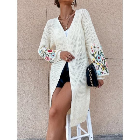 Floral Embroidered long sleeved open front knit Duster sweater Cardigan - Picture 7 of 7